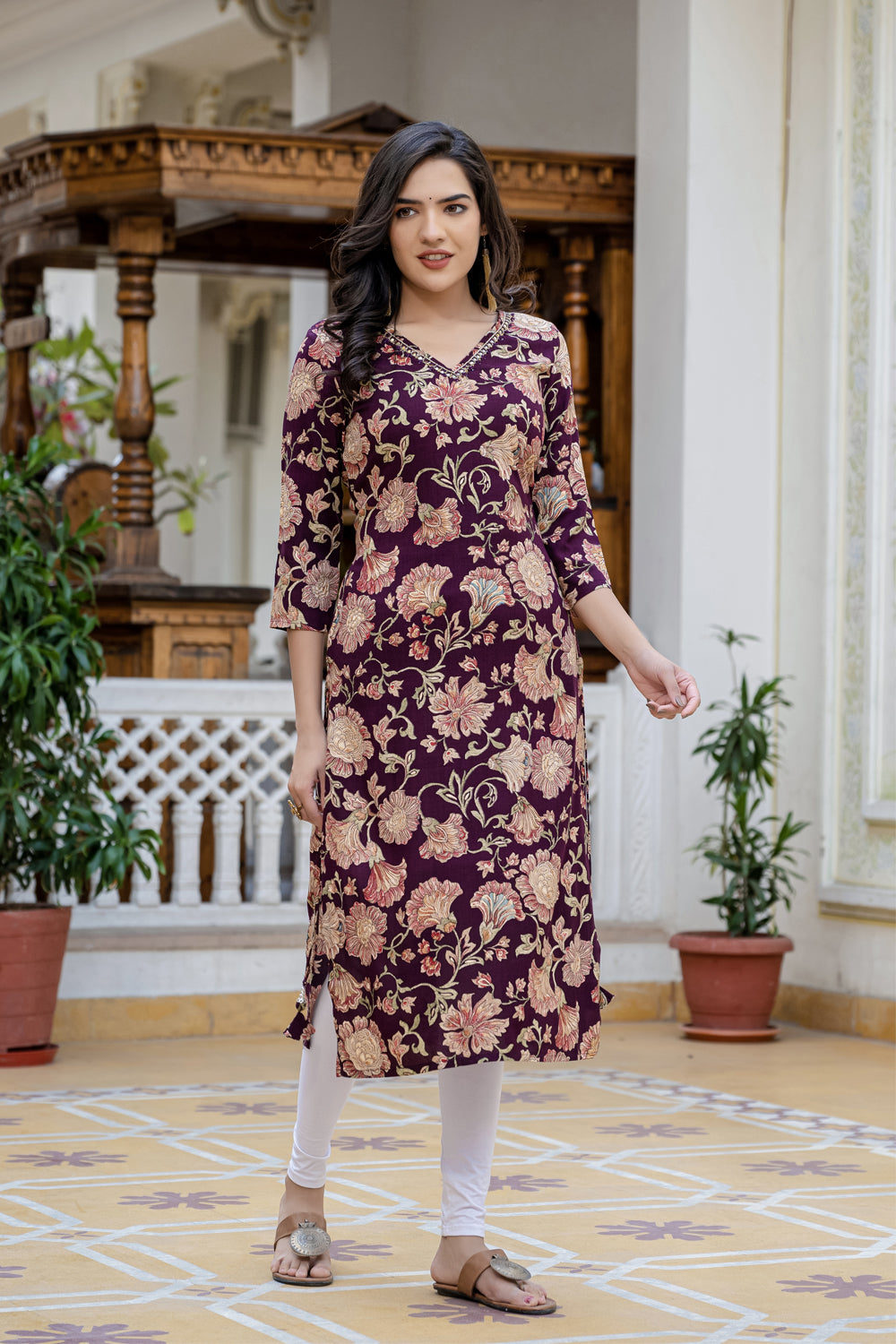 Dark Wine Printed Partyqueen Straight Cut Kurti