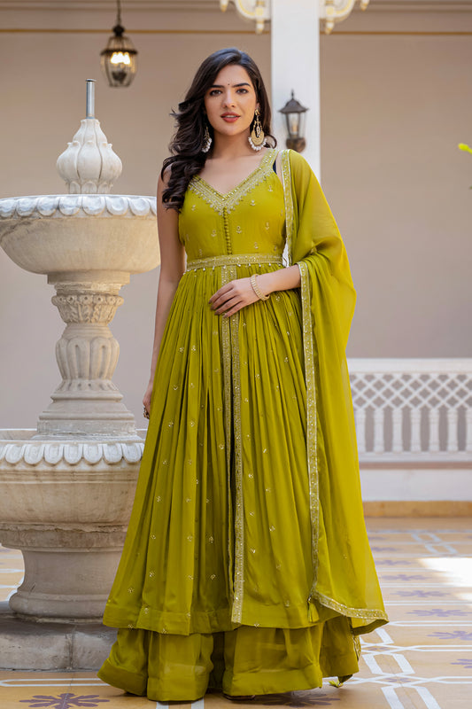 Green Chinon Open Skirt Kurti 3 Pieces Set