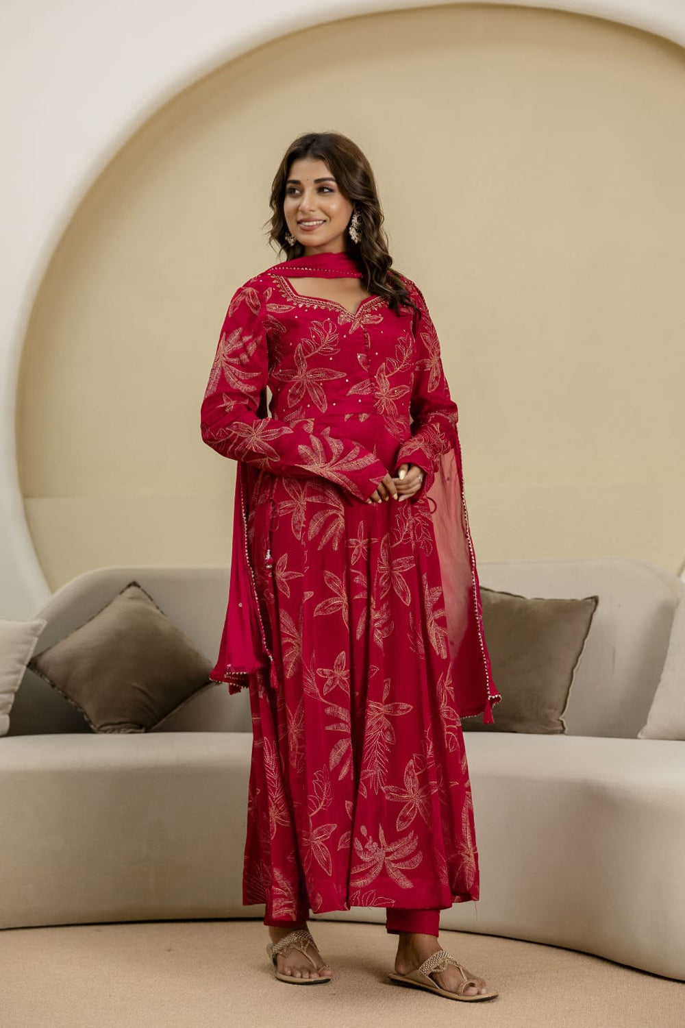 Reddish Pink Chinon Frock Kurti 3 Pieces Set