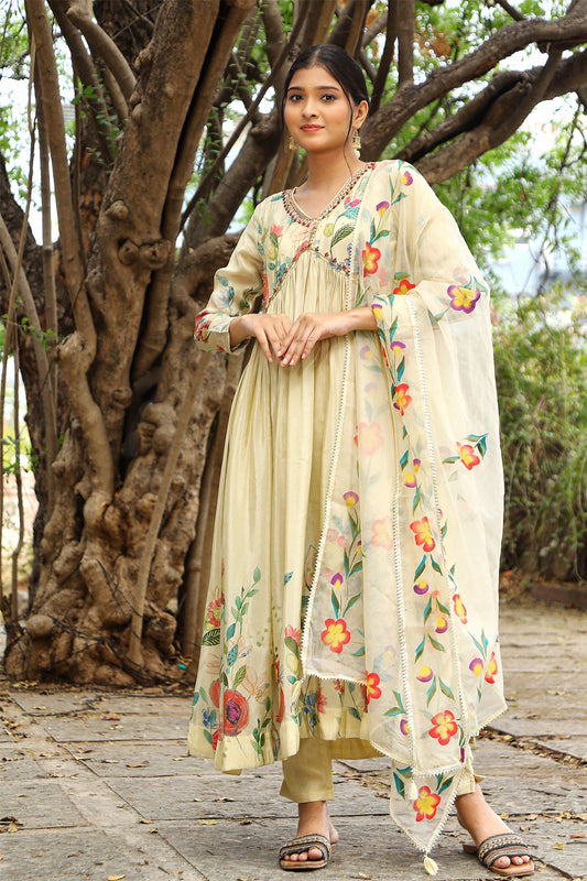 Gold Viscose Shimer Aliya Cut Kurti 3 Pieces Set