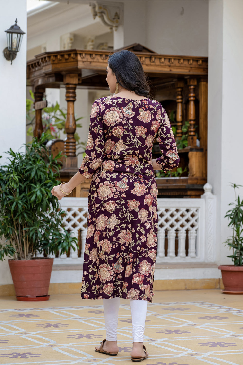Dark Wine Printed Partyqueen Straight Cut Kurti