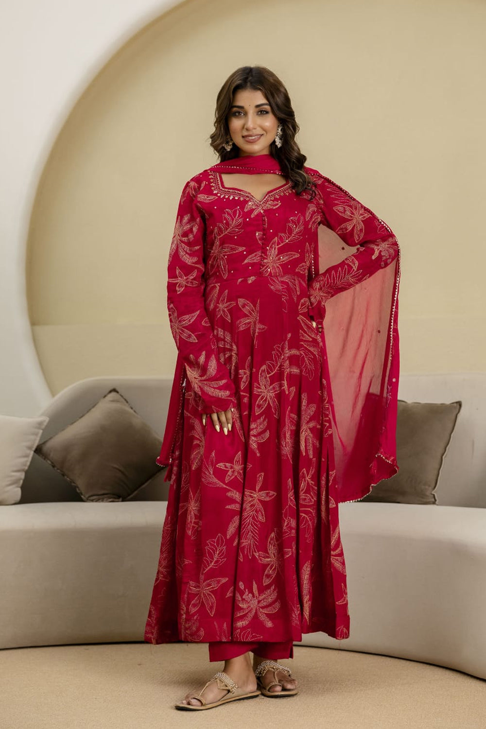 Reddish Pink Chinon Frock Kurti 3 Pieces Set
