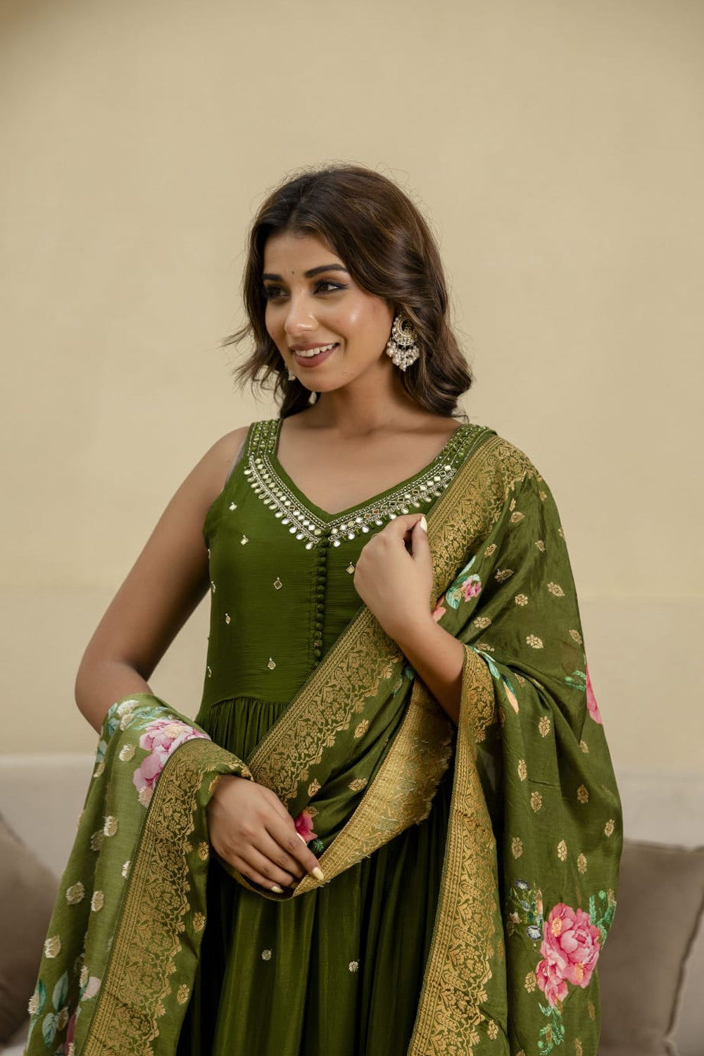 Mehandi Green Chinon Frock Kurti 3 Pieces Set
