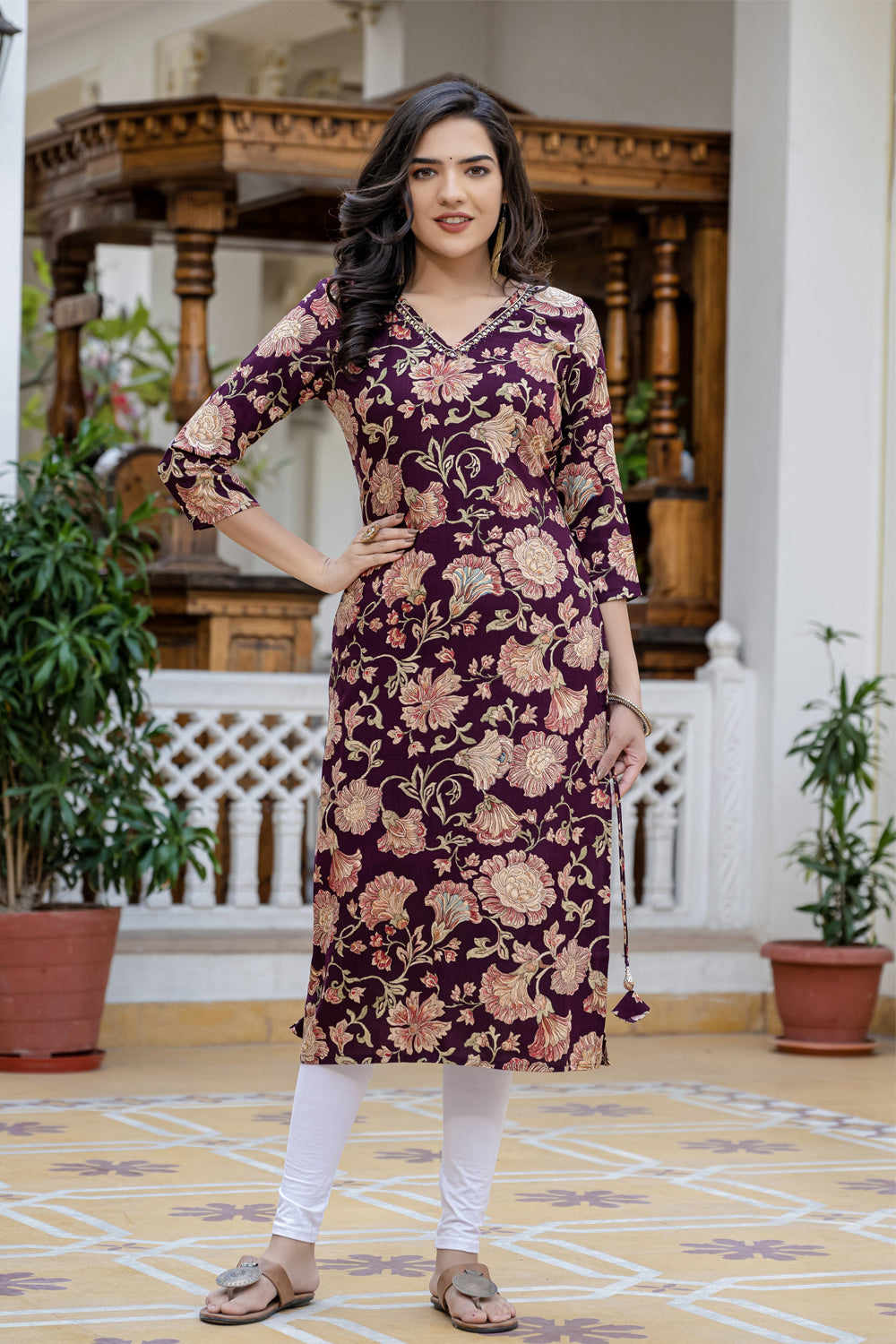 Dark Wine Printed Partyqueen Straight Cut Kurti