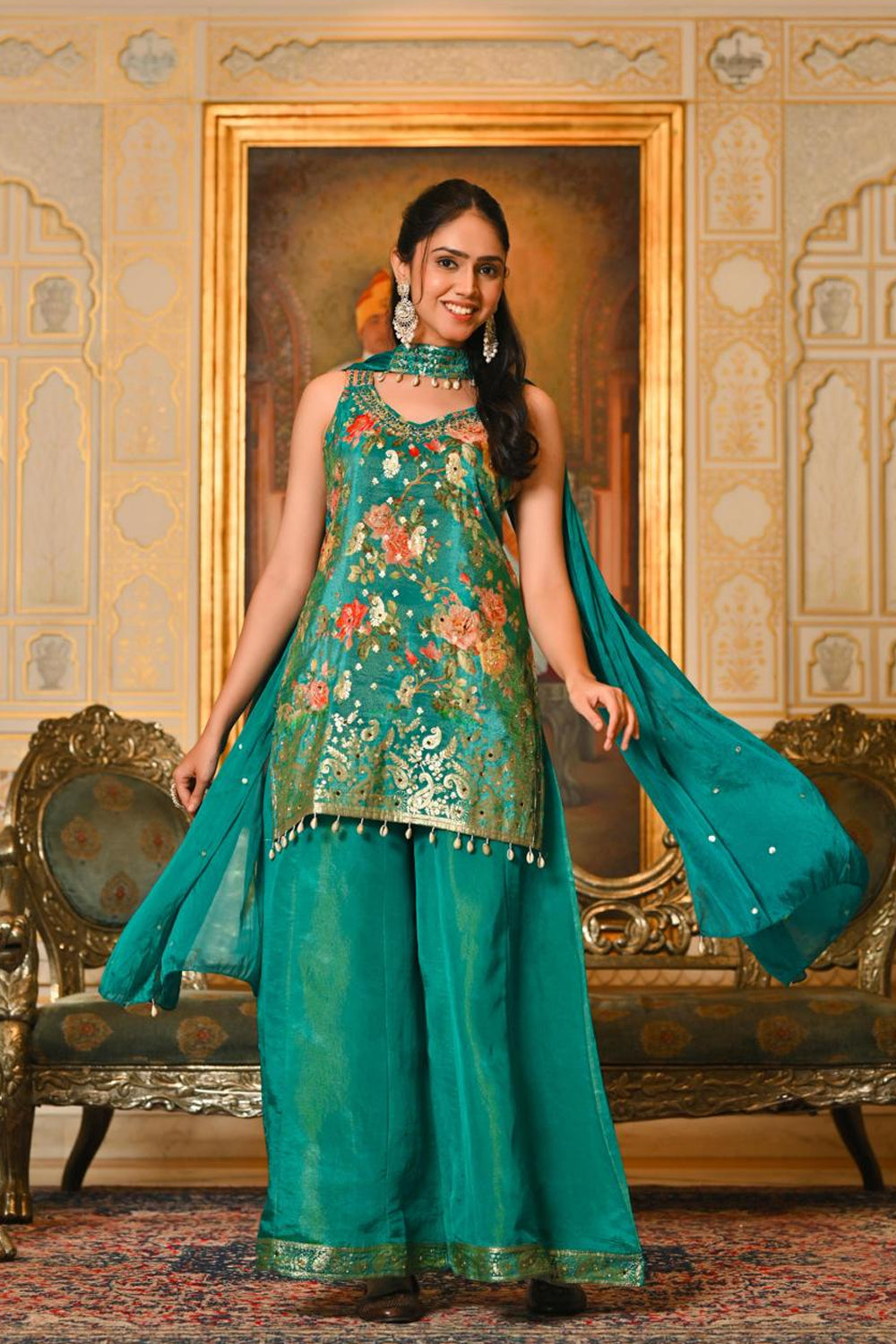 Rama Green Shimmer Kurti 3 Pieces Set