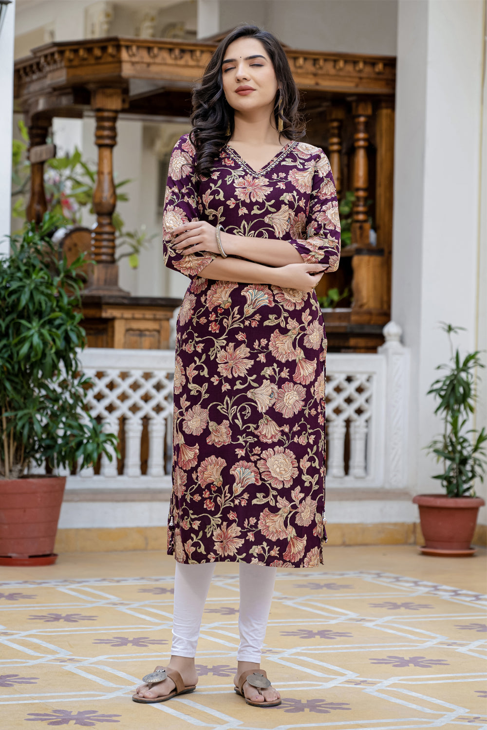 Dark Wine Printed Partyqueen Straight Cut Kurti