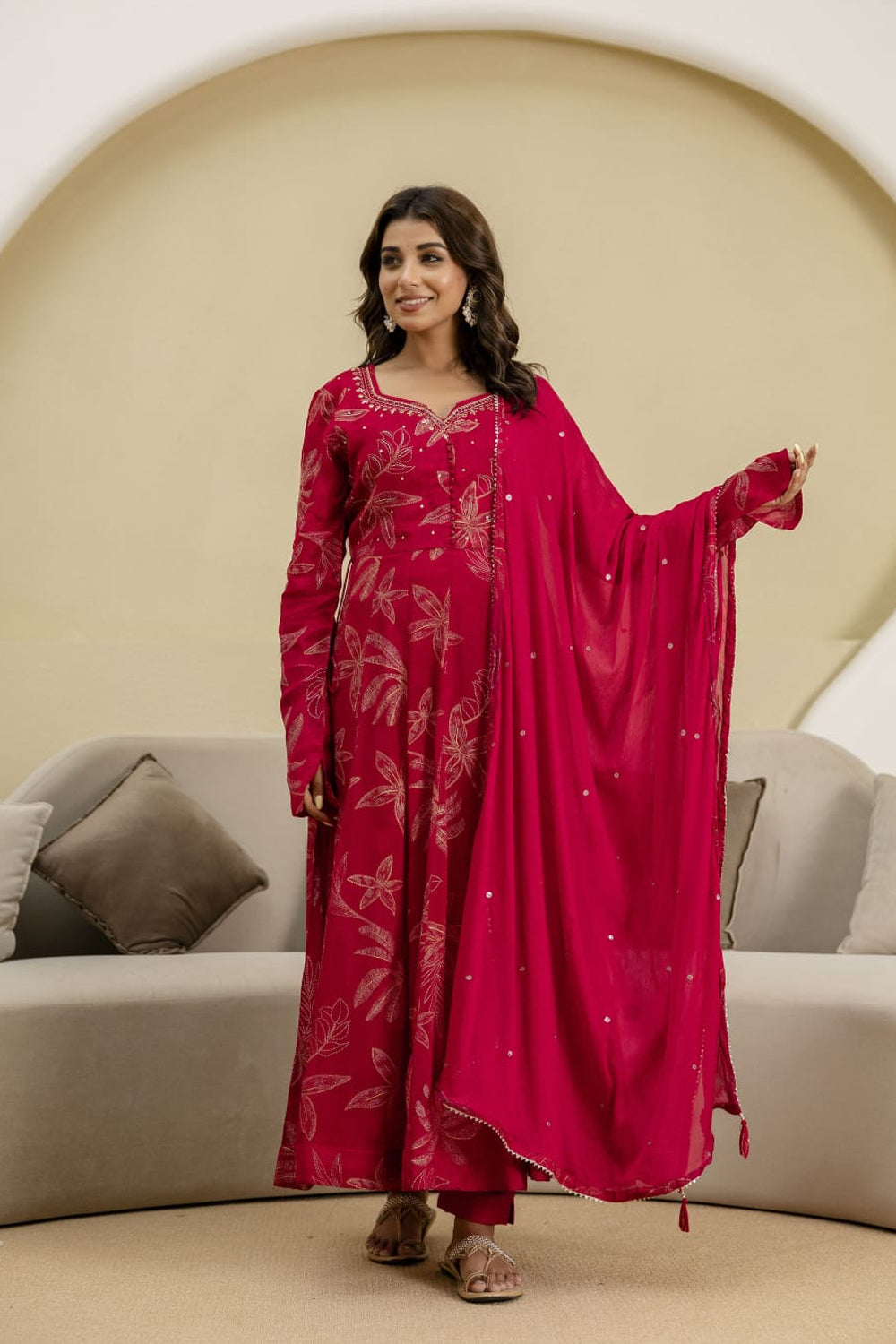 Reddish Pink Chinon Frock Kurti 3 Pieces Set