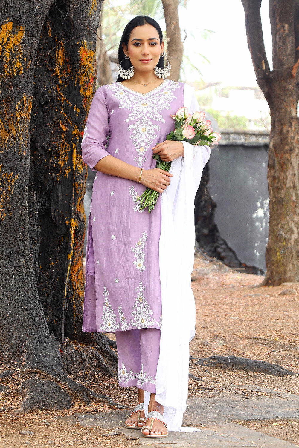Lavendar Art Silk Embroidered Kurti 2 Pieces Set
