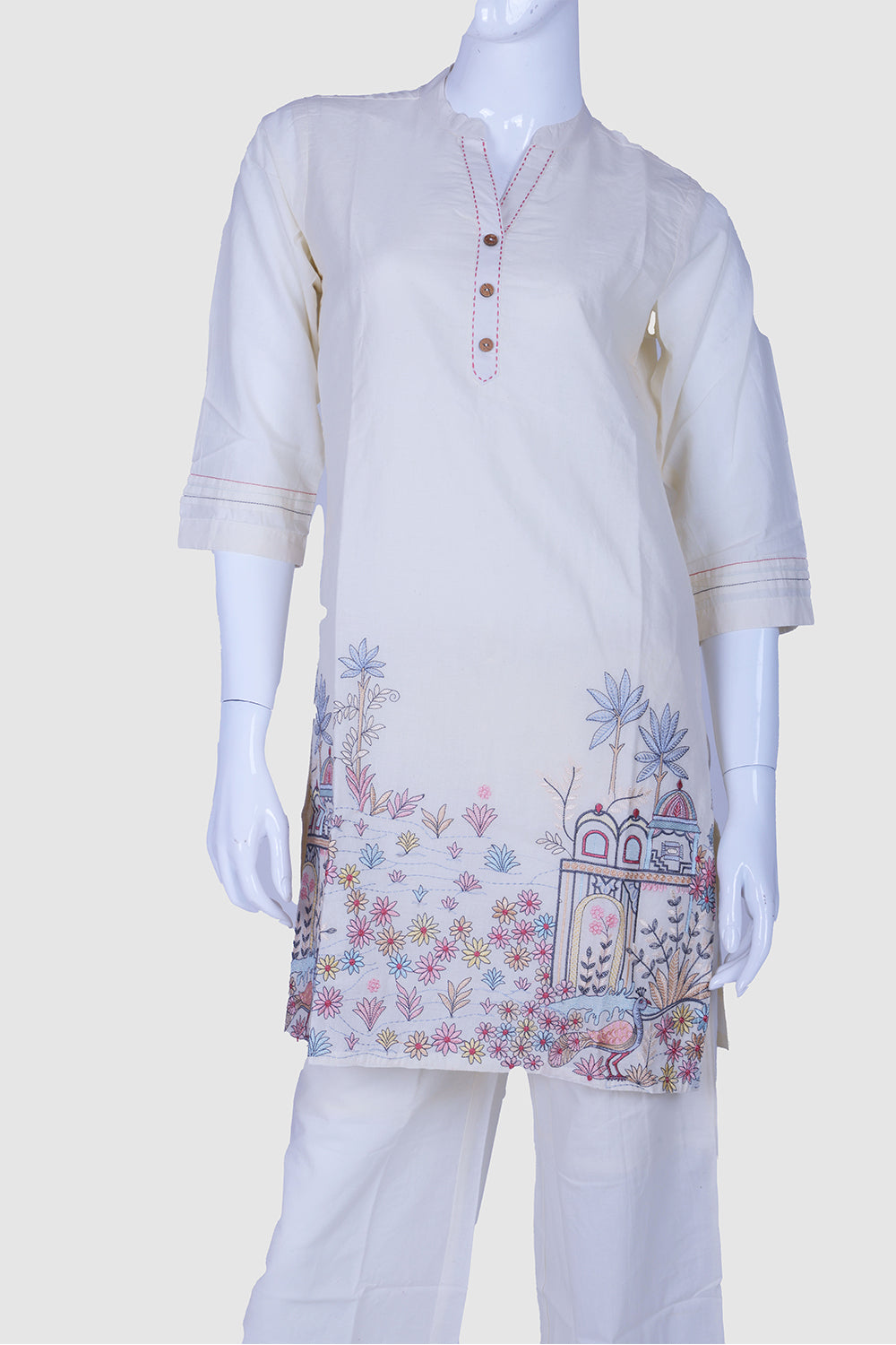 Off White Art Silk Kurti Pant 2 Pieces Set
