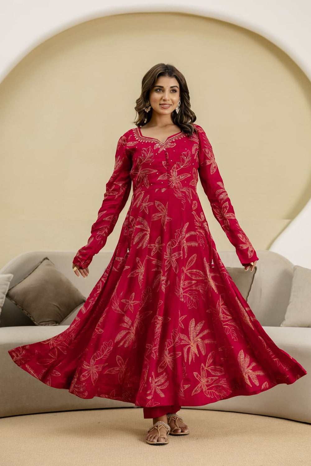 Reddish Pink Chinon Frock Kurti 3 Pieces Set