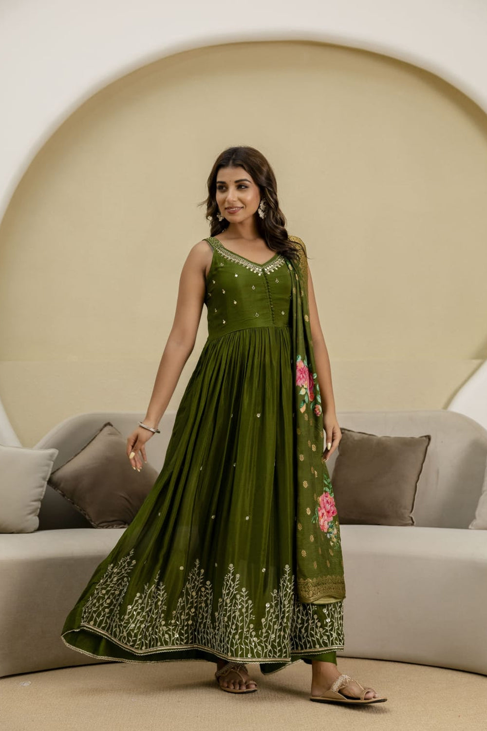 Mehandi Green Chinon Frock Kurti 3 Pieces Set