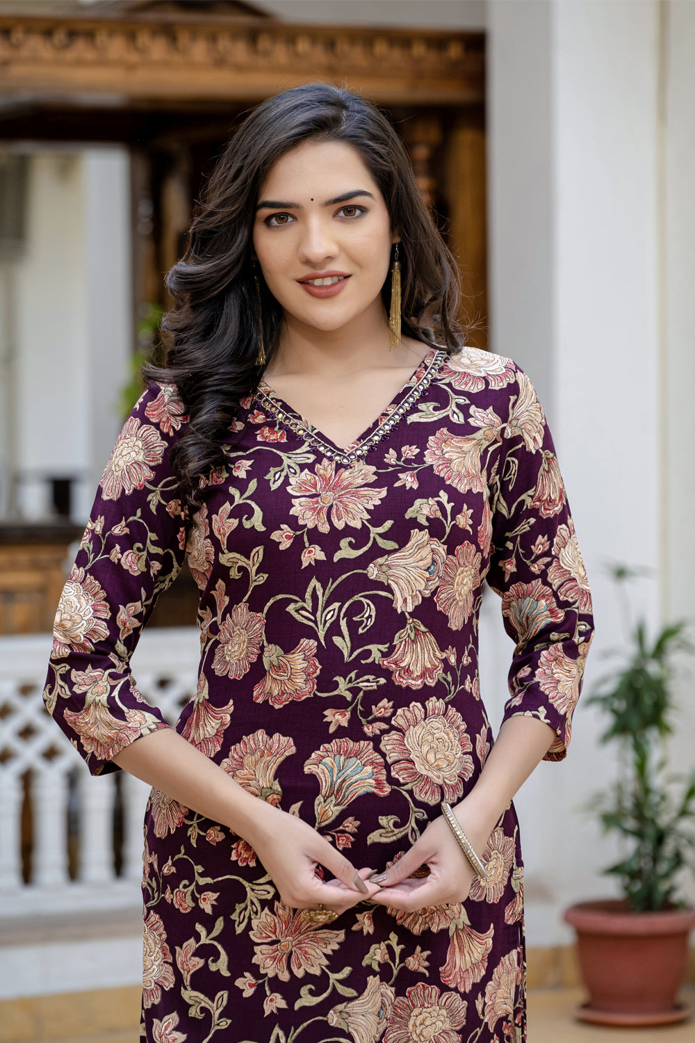 Dark Wine Printed Partyqueen Straight Cut Kurti