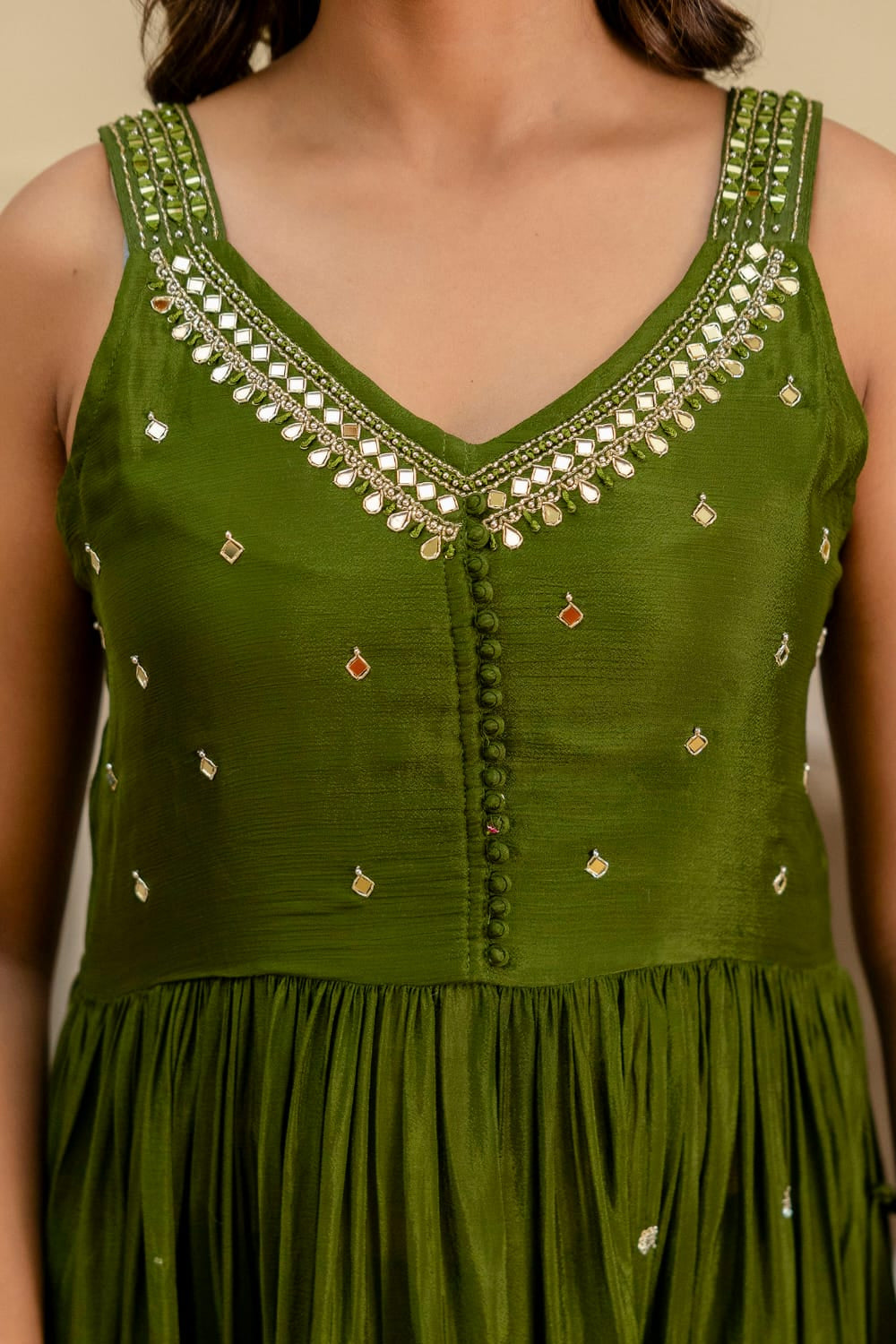 Mehandi Green Chinon Frock Kurti 3 Pieces Set