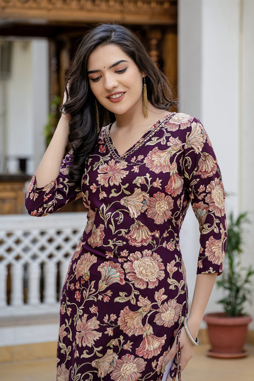 Dark Wine Printed Partyqueen Straight Cut Kurti