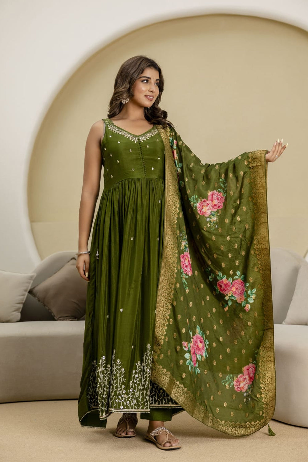 Mehandi Green Chinon Frock Kurti 3 Pieces Set