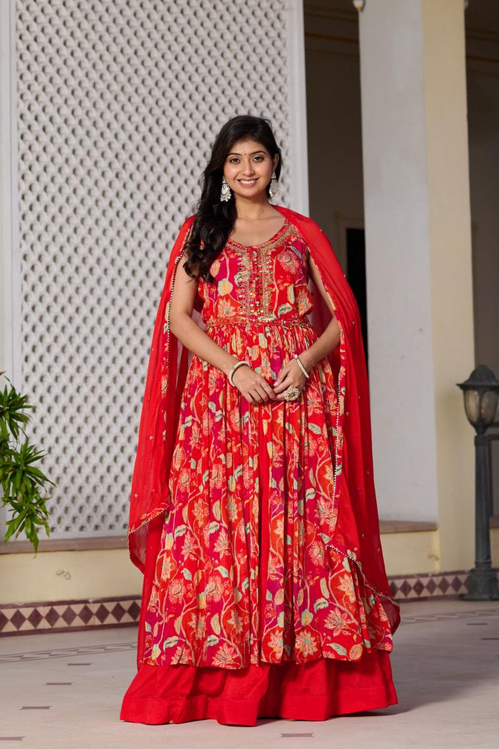 Orange Chinon Kurti Skirt 3 Pieces Set