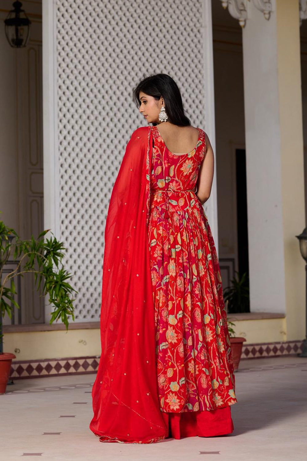 Orange Chinon Kurti Skirt 3 Pieces Set