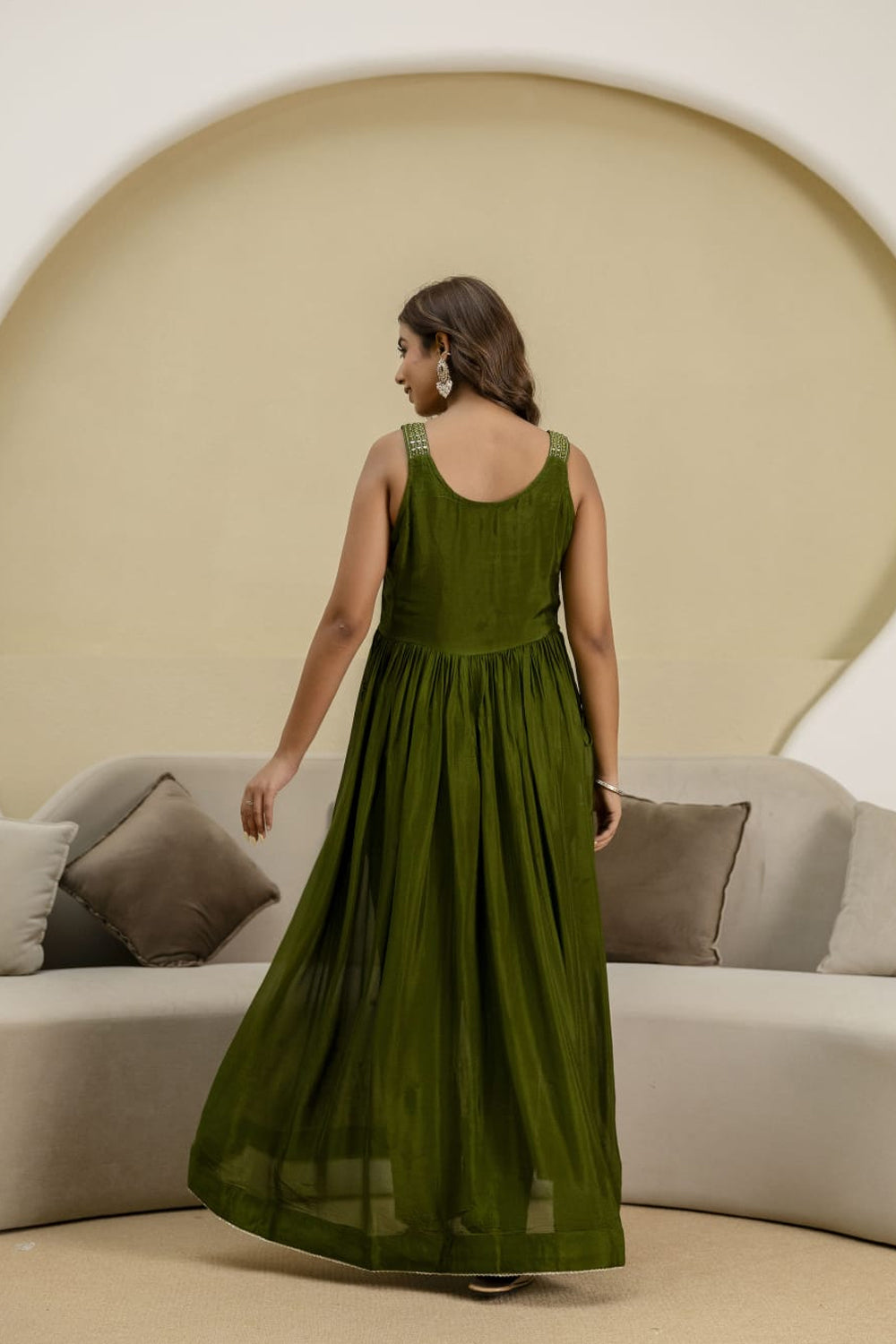 Mehandi Green Chinon Frock Kurti 3 Pieces Set
