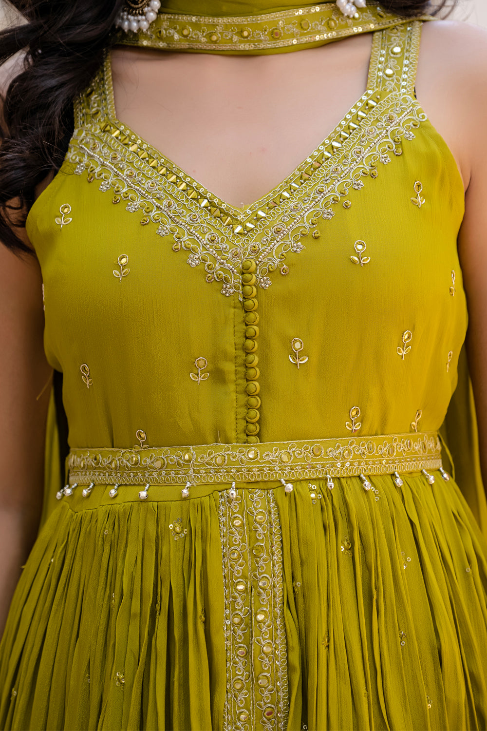 Green Chinon Kurti Open Skirt