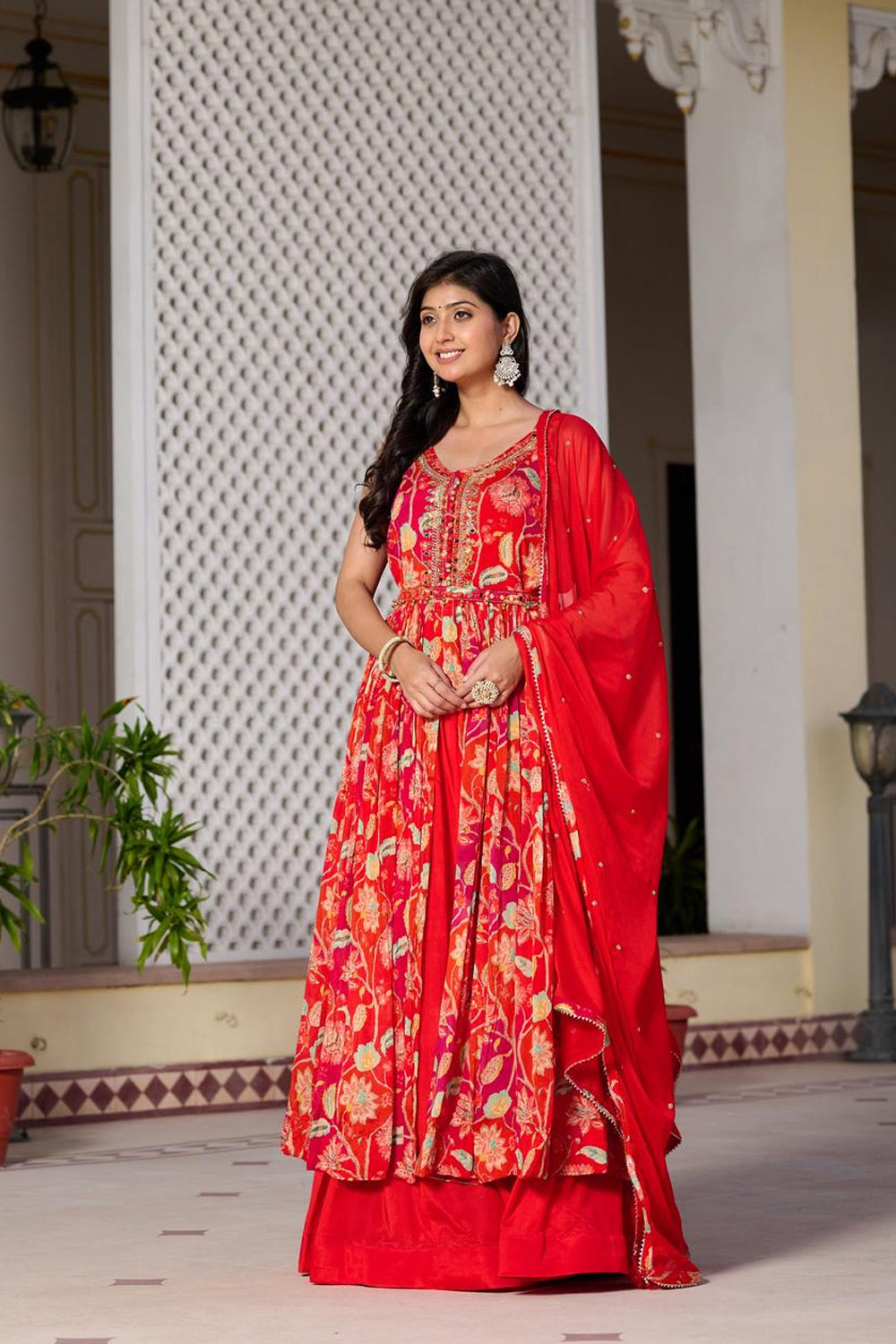 Orange Chinon Kurti Skirt 3 Pieces Set