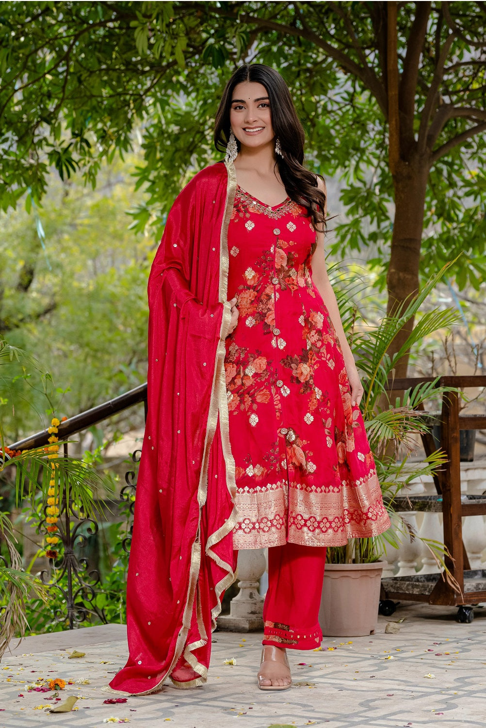 Red Chinon Frock Kurti 3 Pieces Set