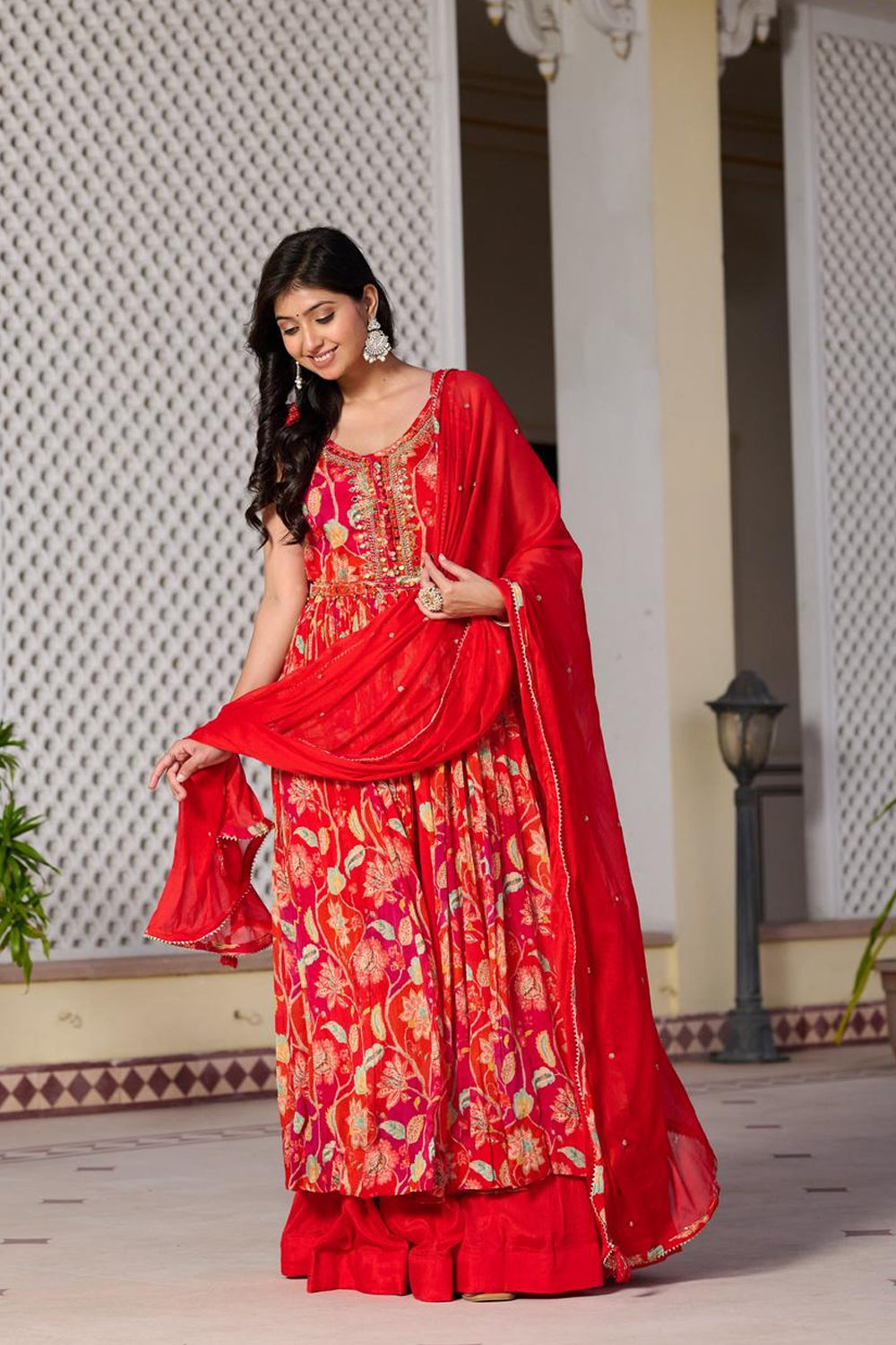 Orange Chinon Kurti Skirt 3 Pieces Set