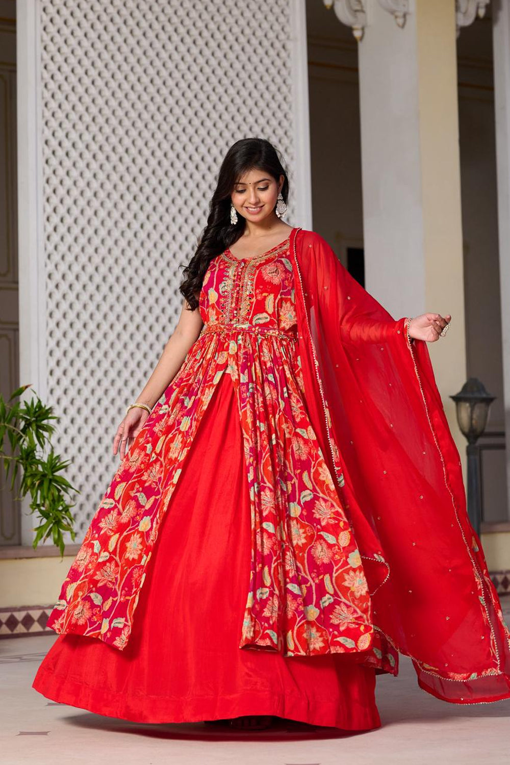 Orange Chinon Kurti Skirt 3 Pieces Set