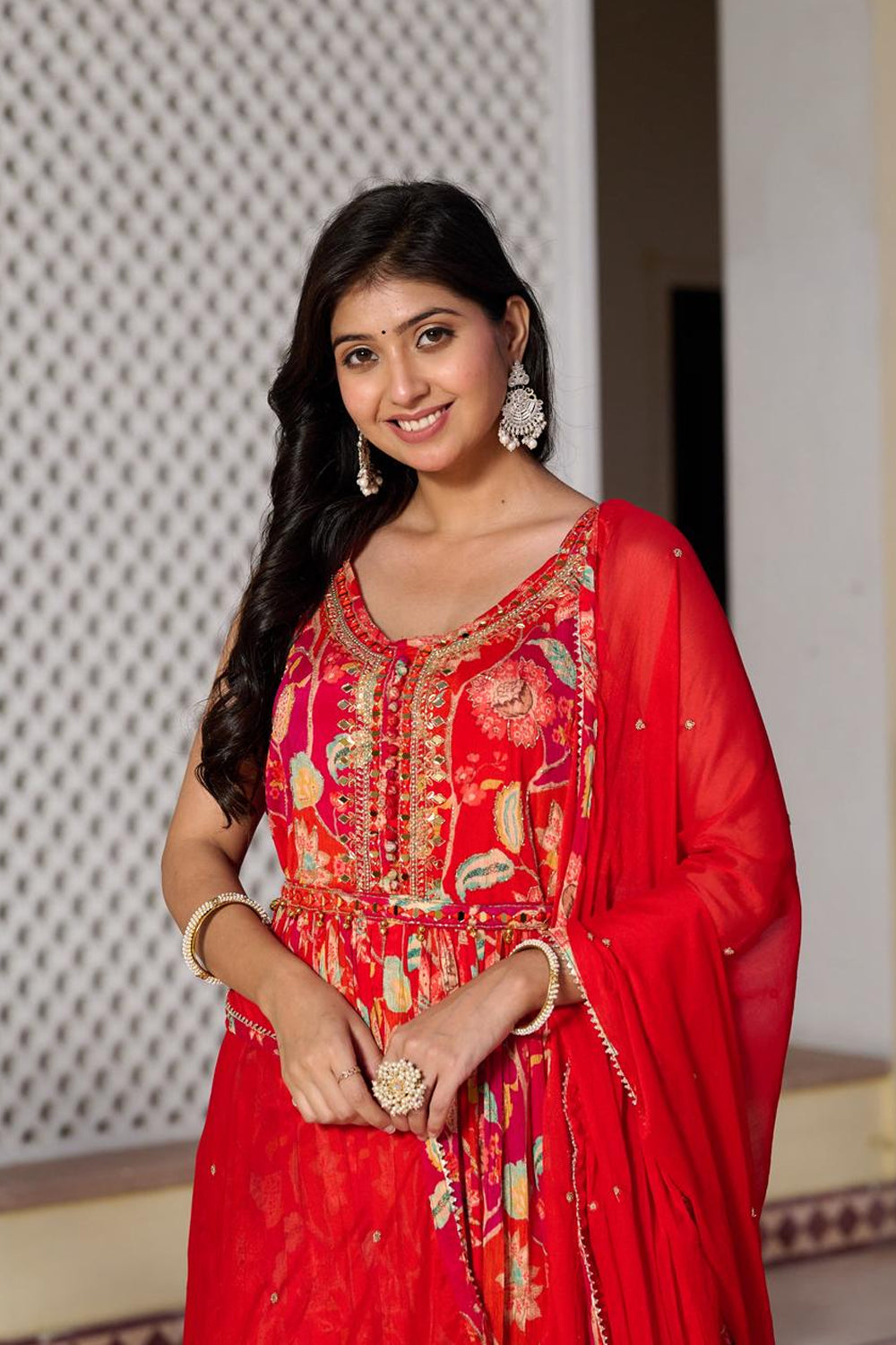 Orange Chinon Kurti Skirt 3 Pieces Set