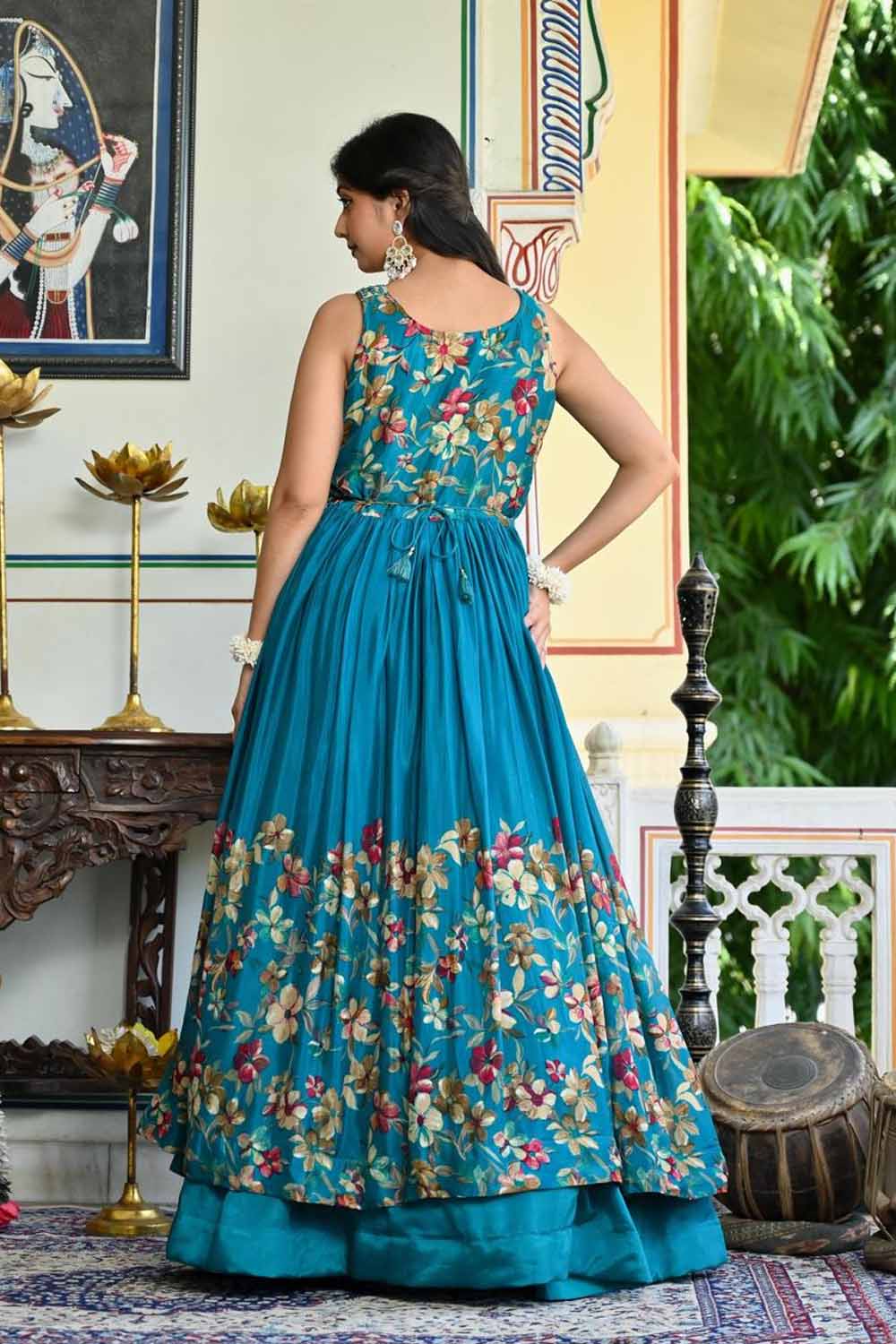 Rama Green Chinon Kurti Skirt 3 Pieces Set