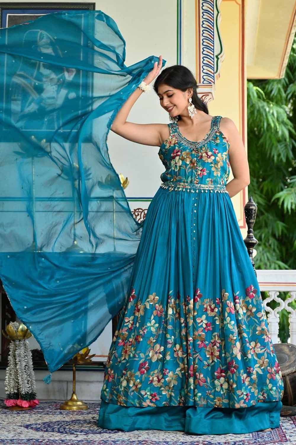 Rama Green Chinon Kurti Skirt 3 Pieces Set