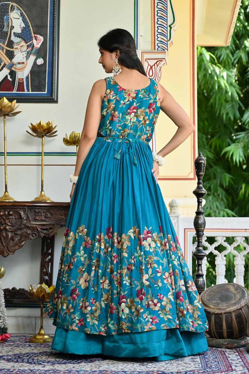 Rama Green Chinon Kurti Skirt 3 Pieces Set