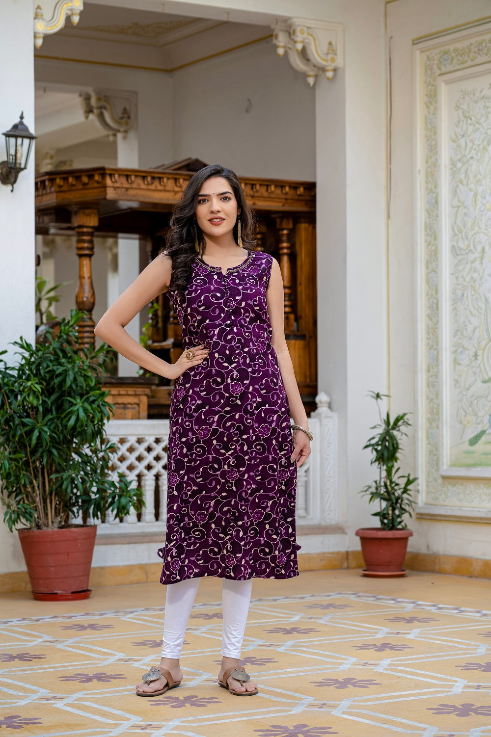 Voilet Printed Partyqueen Straight Cut Kurti