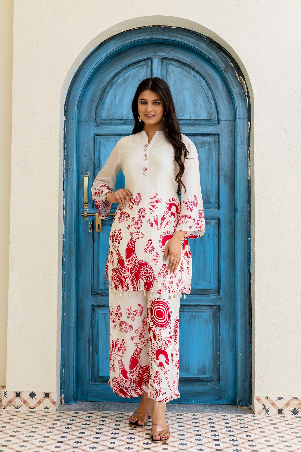 Half White Chinon Kurti Pant Set