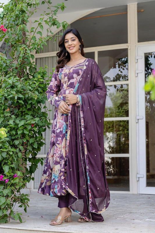 Wine Chinon Long Kurti 3 Pieces Set