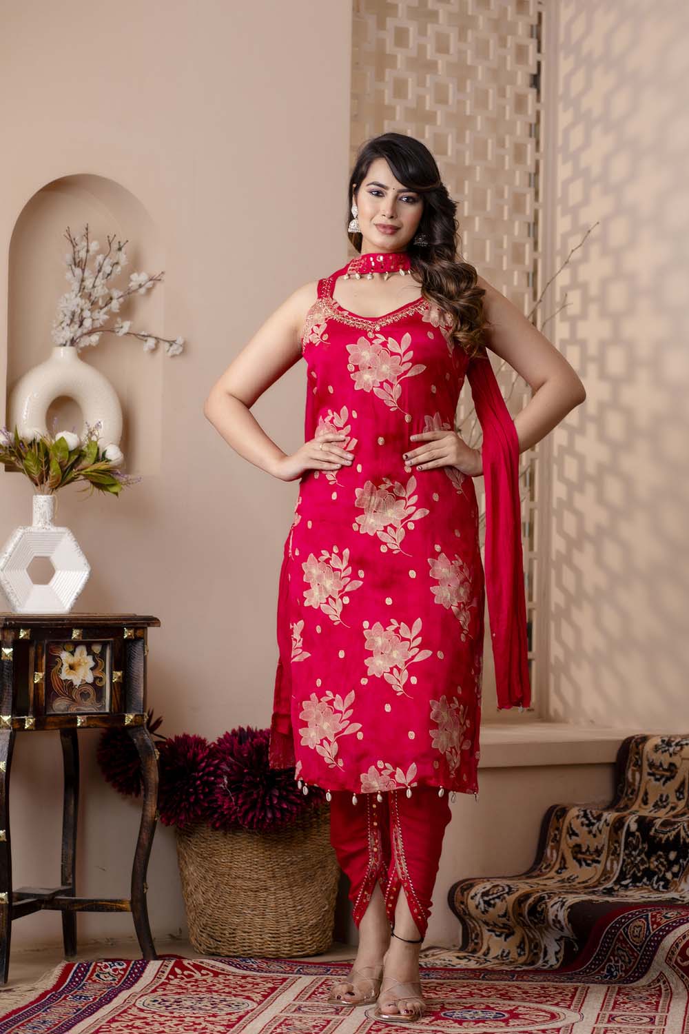 M Pink Chinon Strap Kurti 3 Pieces Set