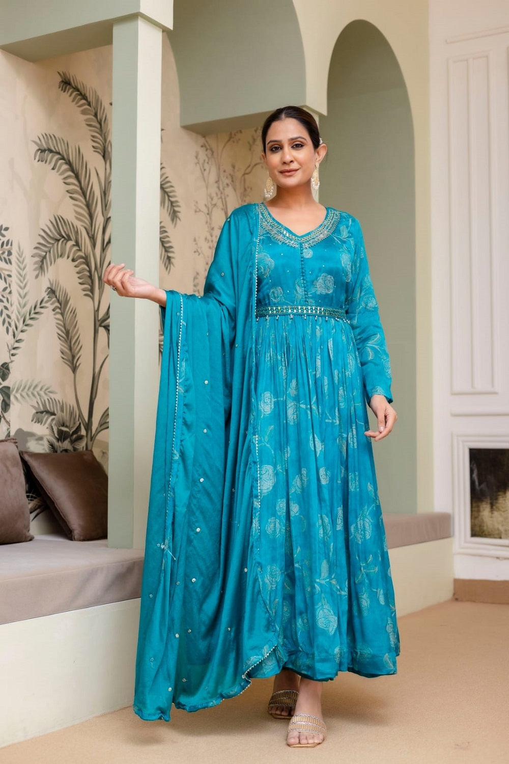 Rama Green Frock Kurti 3 Pieces Set