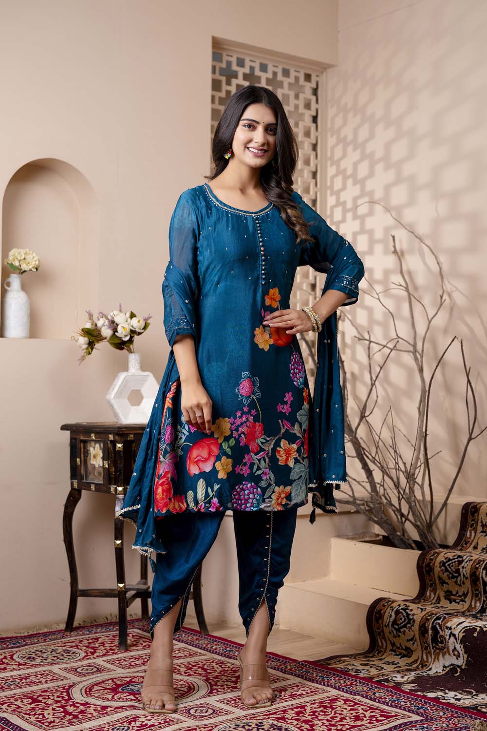 Teal Blue Chinon Kurti 3 Pieces Set