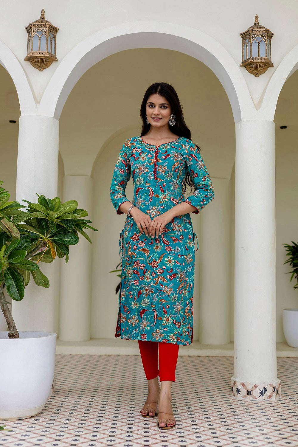 Rama Green Rayon Printed Straight Kurti