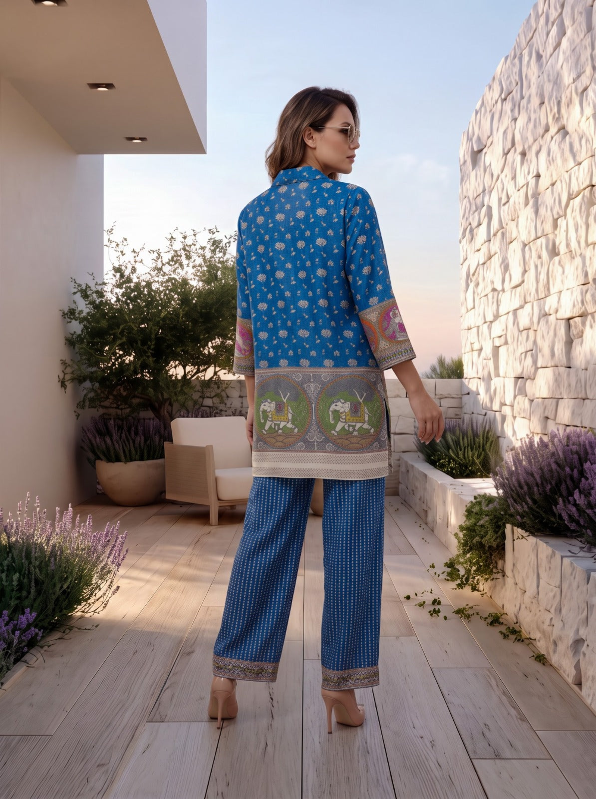 Blue Crepe Short Kurti With Plazo 2 Pcs Set