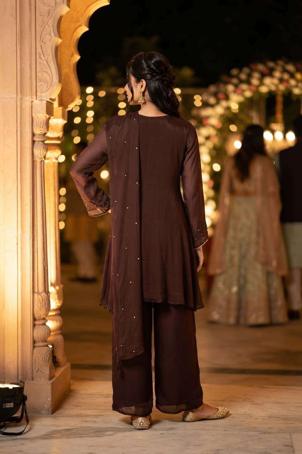 Brown Chinon Short Kurti With Plazo 3 Pcs Set