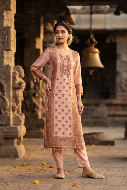 Buff Crepe Straight Kurti With Pant and Dupatta 3 Pcs Set