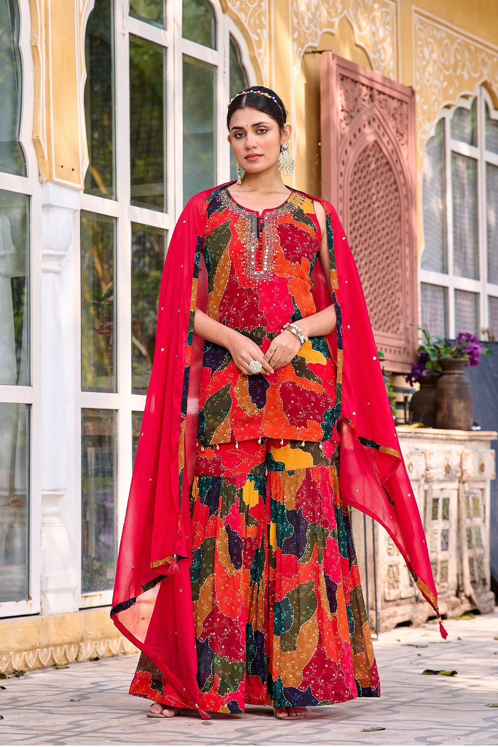 Multi Color Chinon Short Kurti 3 Pieces Set