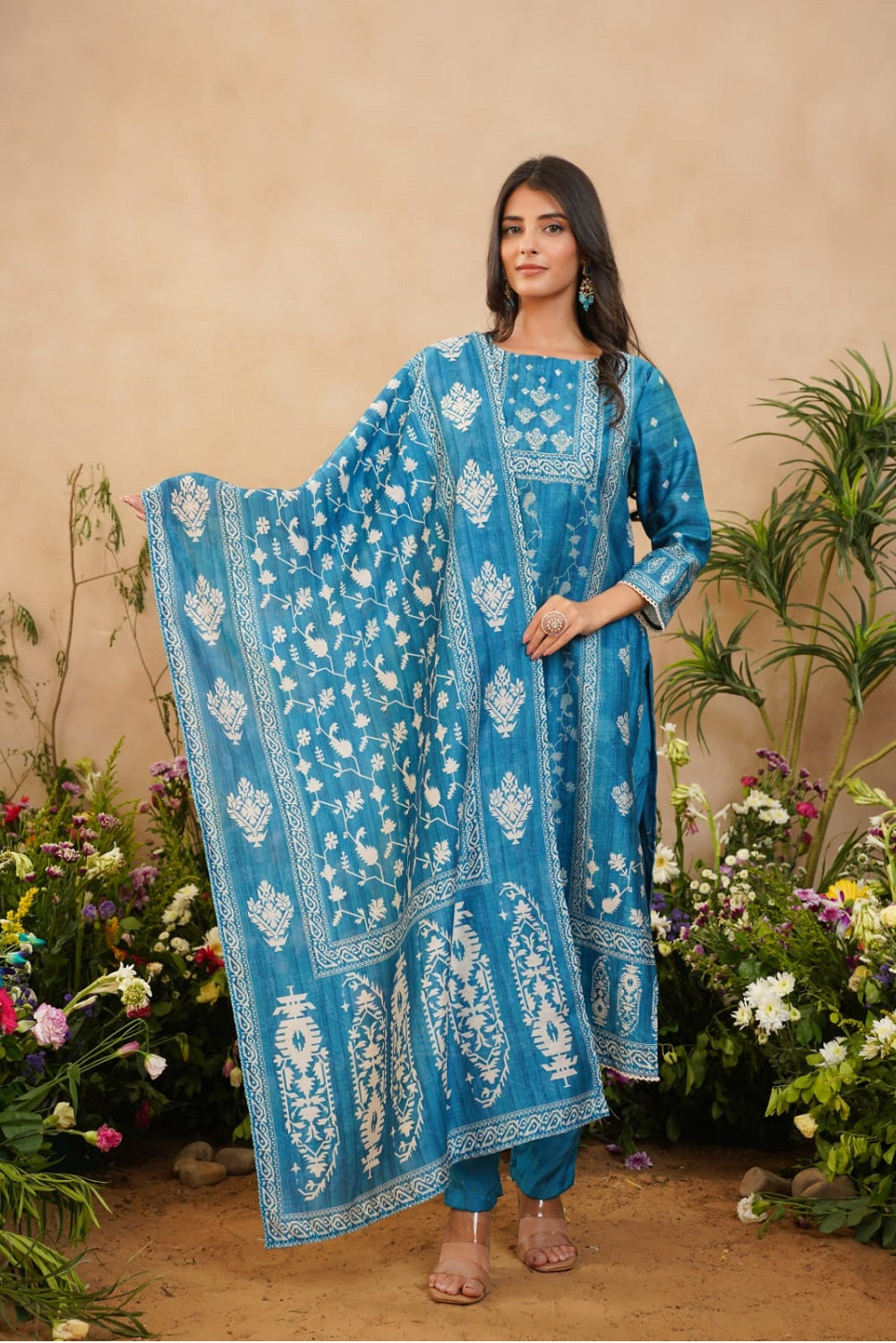 Blue Straight Silk Kurti 3 Pieces Set