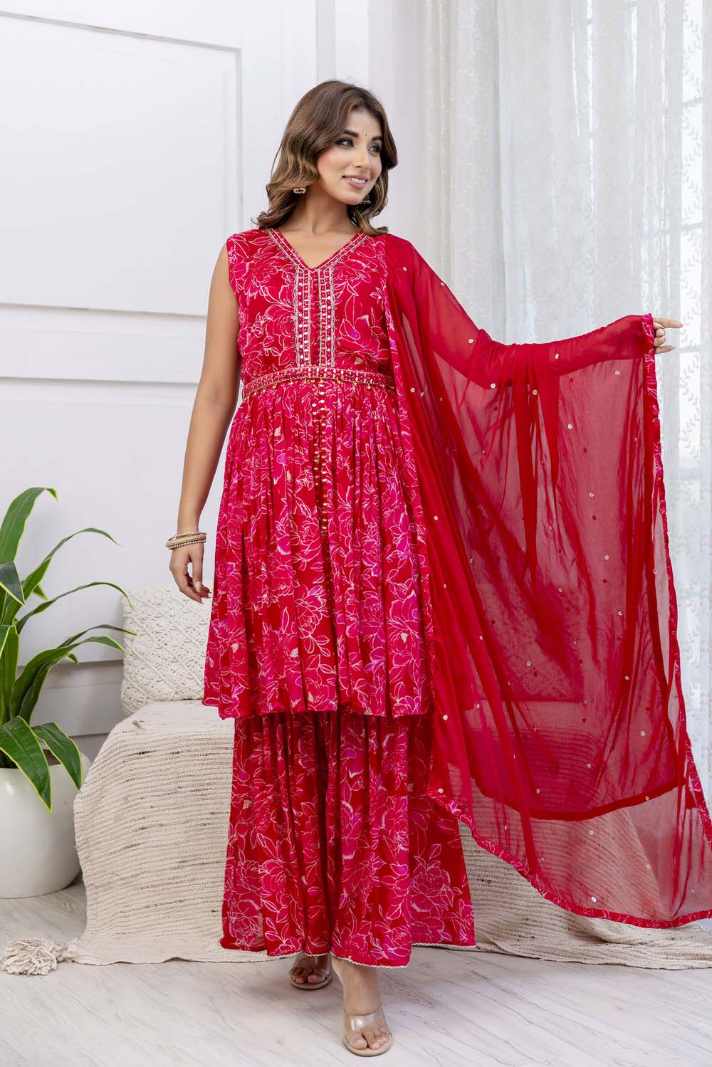Kaira Rani Pink Printed Poplon Kurti Plazo Dupatta Set