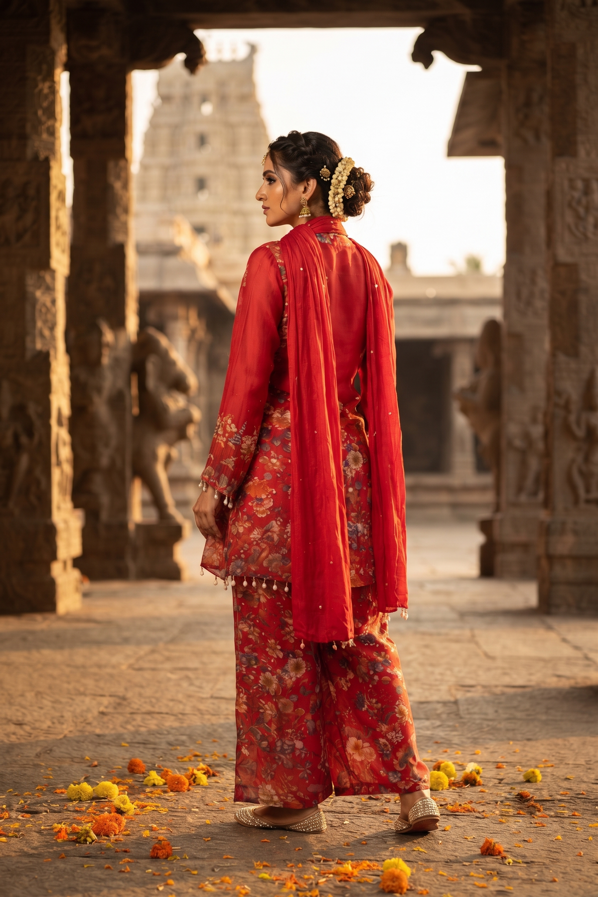 Red Chinoon Short Kurti With Plazo and Dupatta 3 Pcs Set