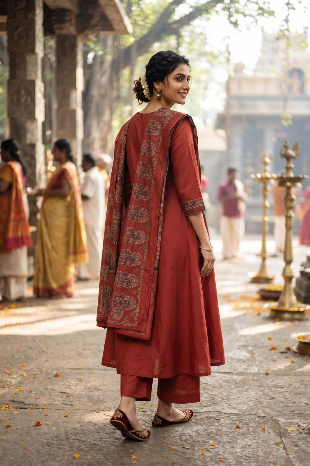 Maroon Cotton Angrakha Style Kurti Frock Straight Pant Dupatta