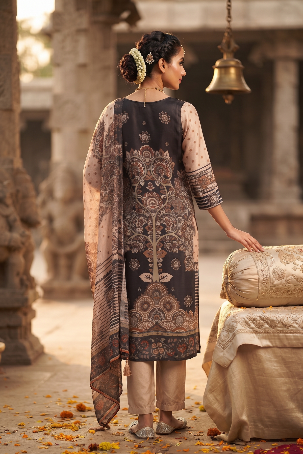 Grey Crepe Straight Kurti With Pant and Dupatta 3 Pcs Set