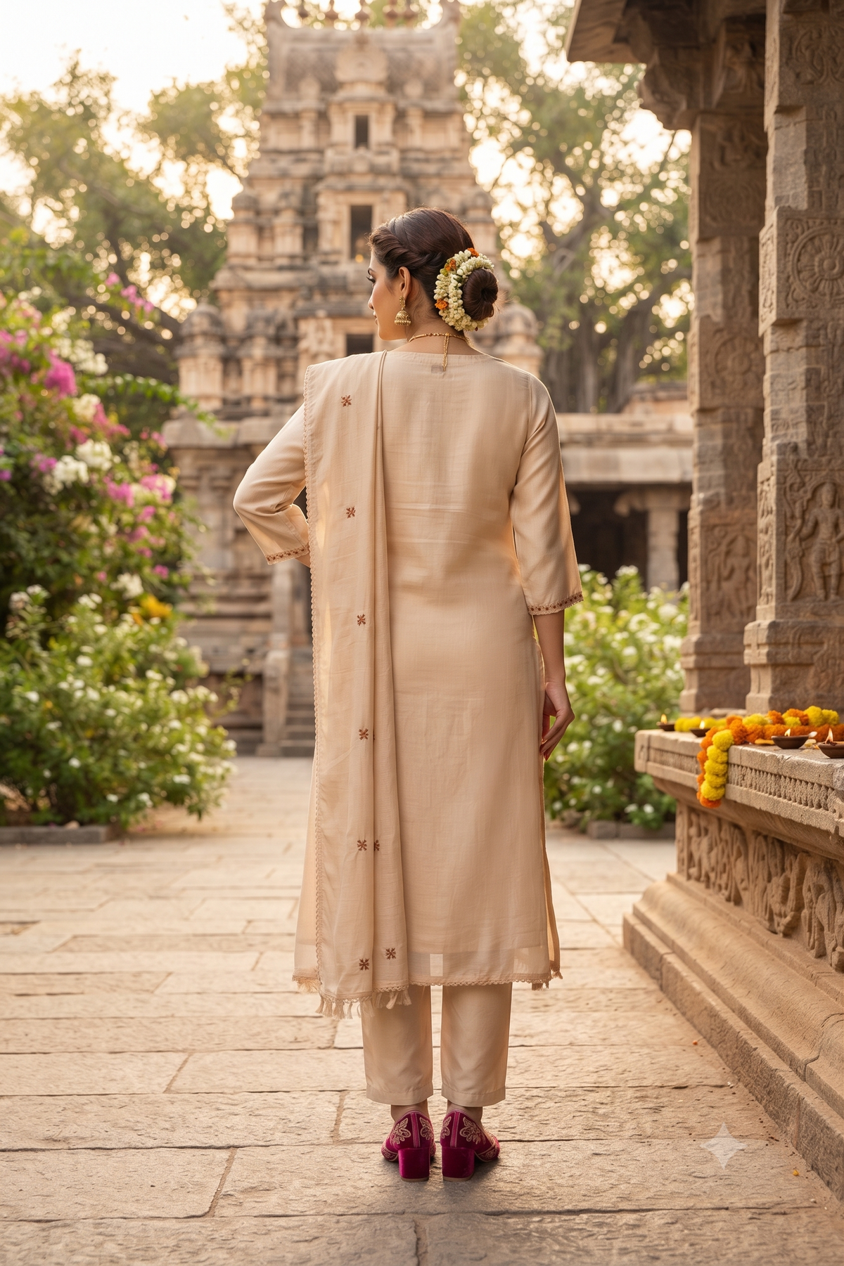Buff Cotton Straight Kurti With Pant and Dupatta 3 Pcs Set