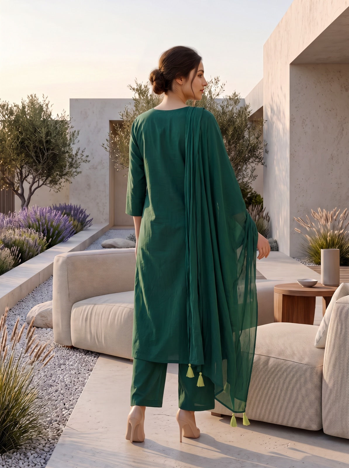 Green Cotton Straight Kurti With Pant and Dupatta 3 Pcs Set