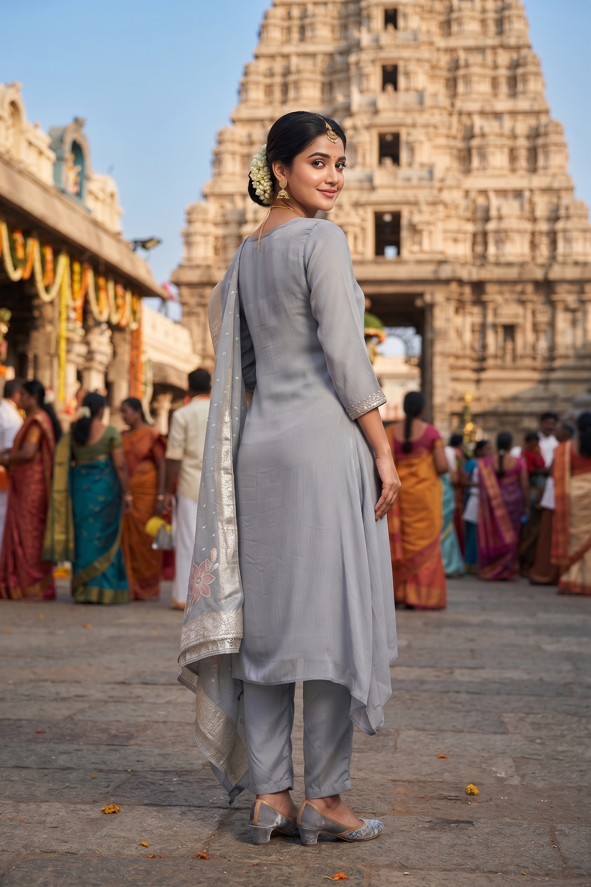 Grey Chinoon Straight Kurti With Pant and Dupatta 3 Pcs Set